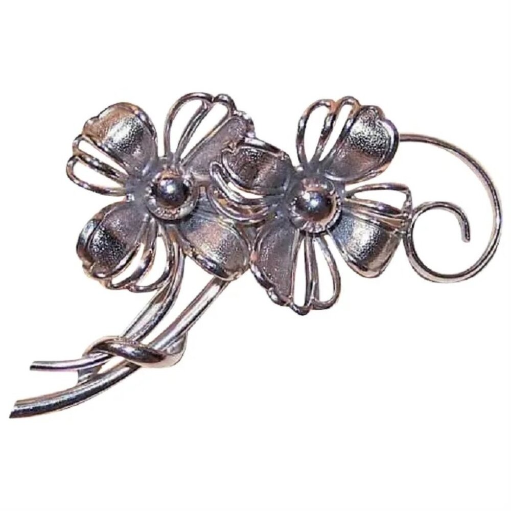 Forstner Sterling Silver Pin Brooch - A Pair of Flowers Florals with Curlicues